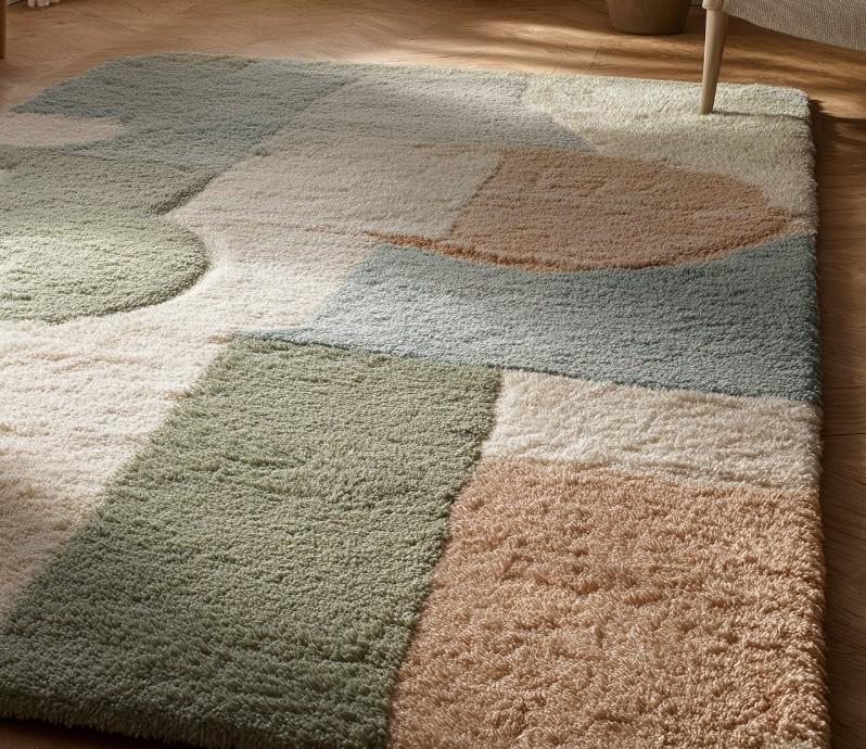 Handmade Wool Tufted Rug: Modern Geometric Pastel Carpet, 6x9