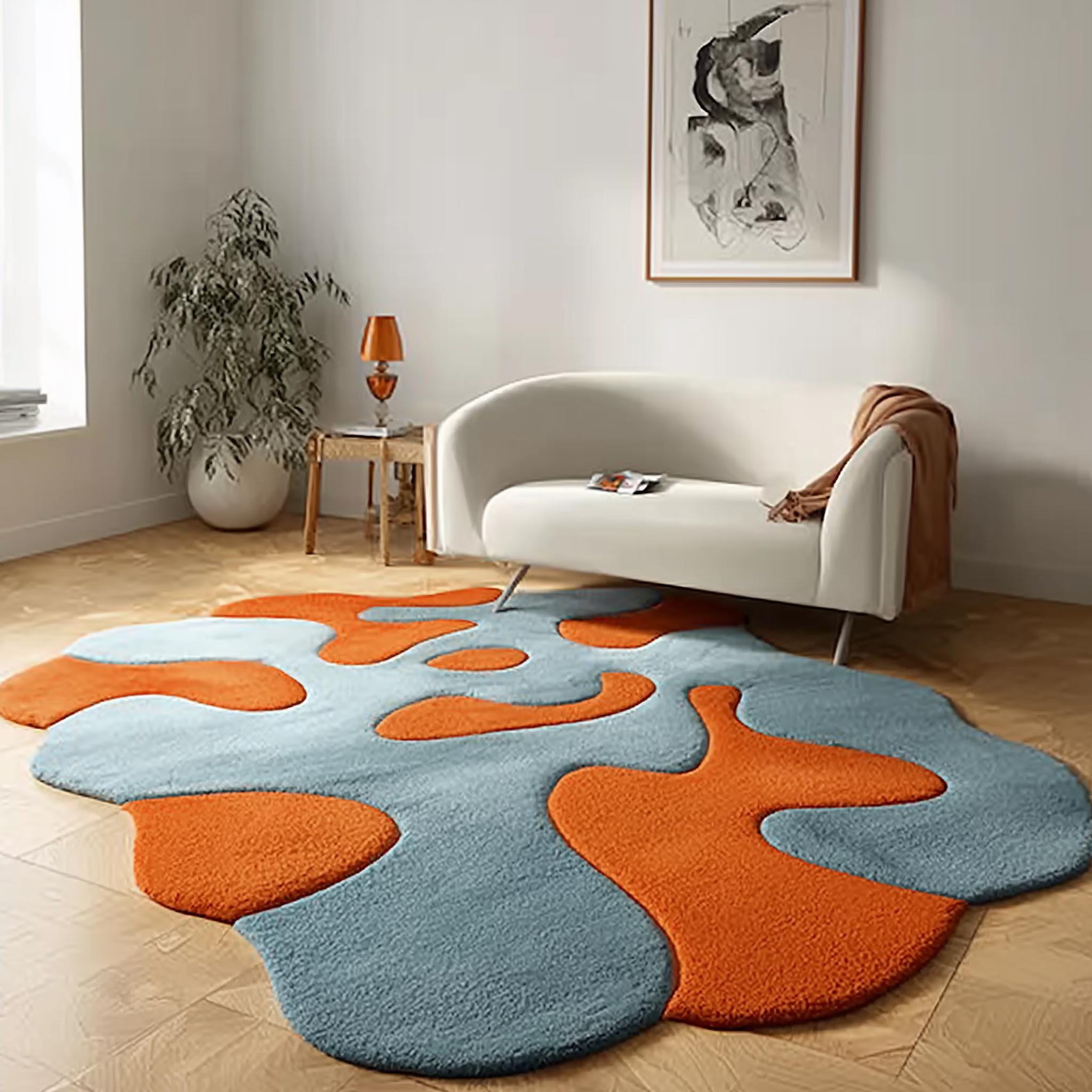 Handmade Wool Tufted Rug: Burnt Orange & Soft Blue, Modern Floral Design