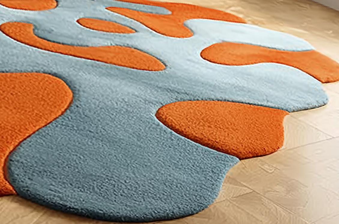 Handmade Wool Tufted Rug: Burnt Orange & Soft Blue, Modern Floral Design