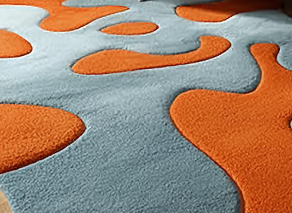 Handmade Wool Tufted Rug: Burnt Orange & Soft Blue, Modern Floral Design