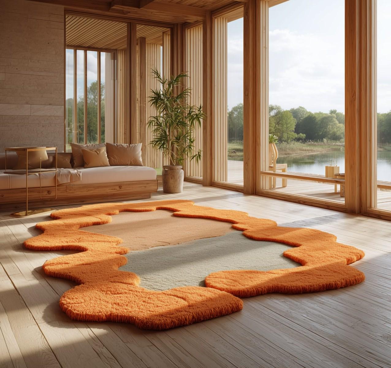 Orange Abstract Tufted Wool Rug: Modern High-Low Texture, 6x9