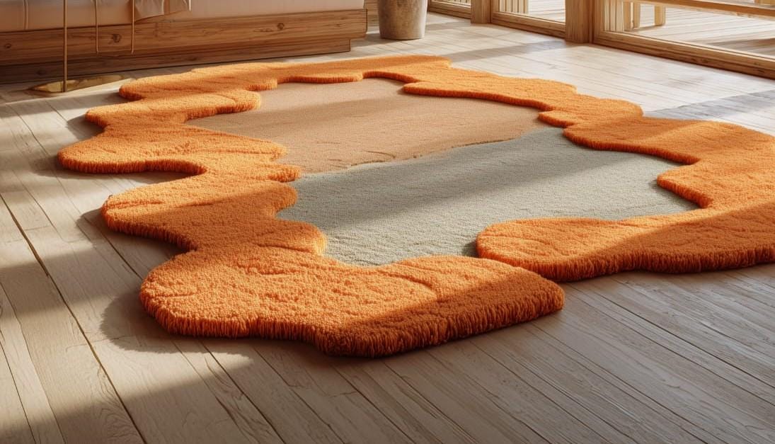 Orange Abstract Tufted Wool Rug: Modern High-Low Texture, 6x9