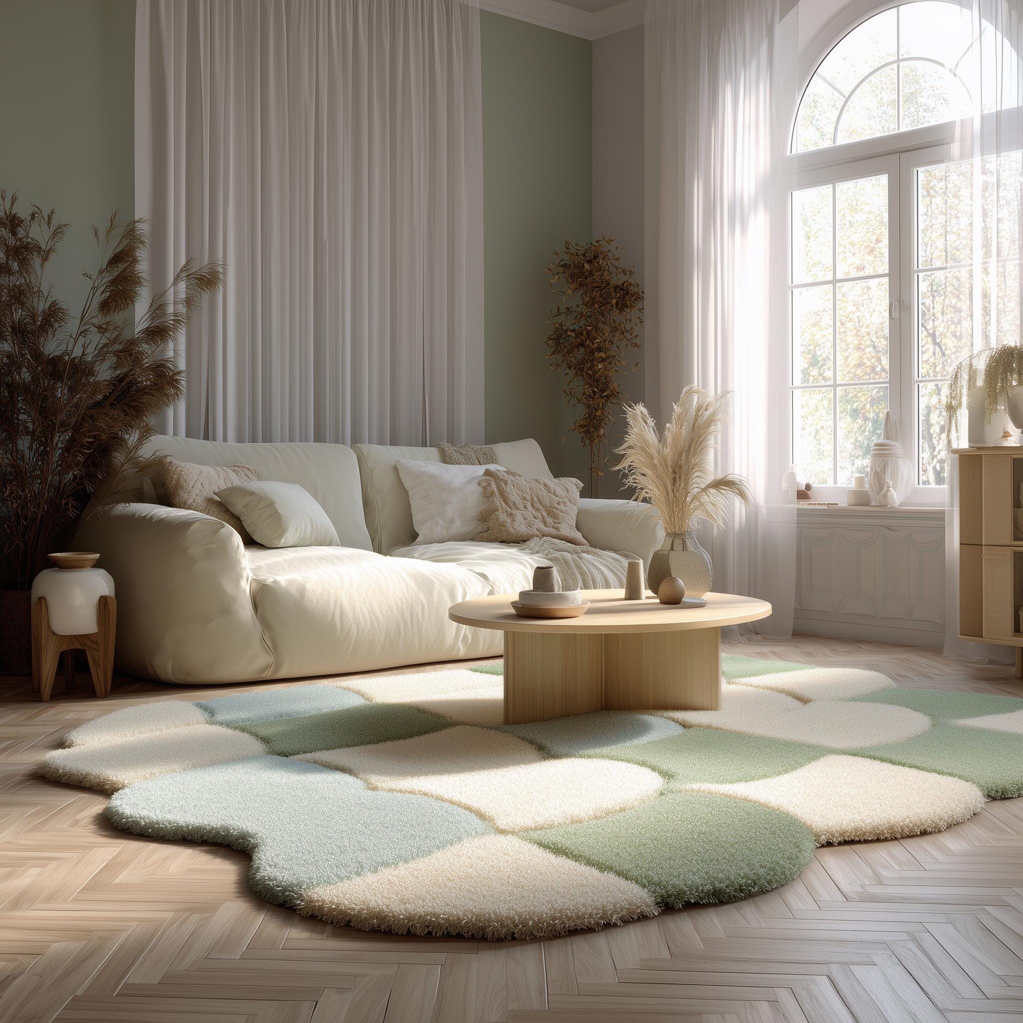 Handmade Wool Tufted Rug: Soft Pastel Wavy Patchwork