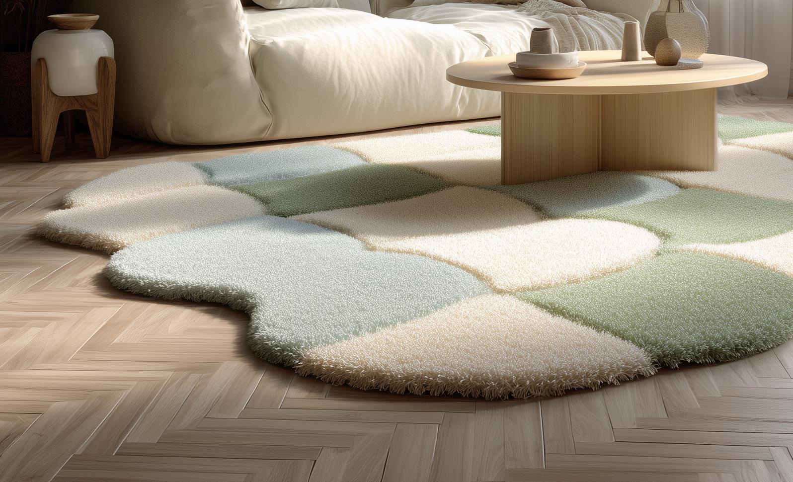 Handmade Wool Tufted Rug: Soft Pastel Wavy Patchwork