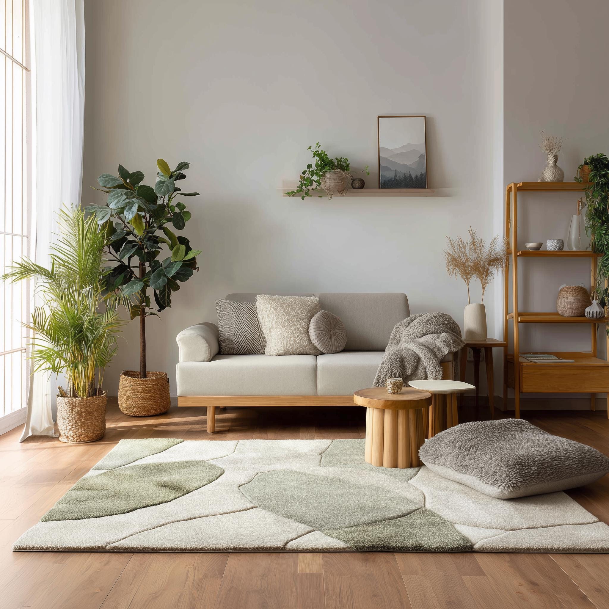 Handmade Wool Tufted Rug: Abstract Sage Green & Beige, 8x10