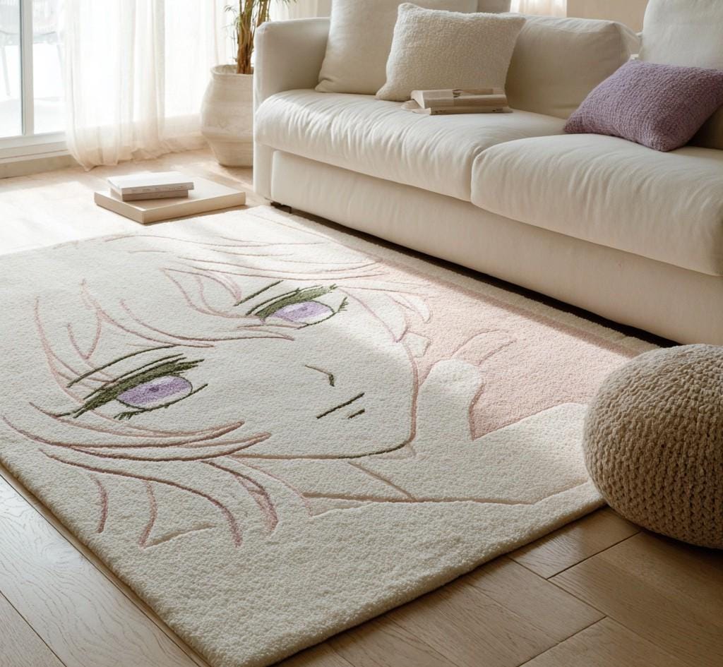 Handmade Anime Girl Wool Rug: Kawaii Pastel Decor