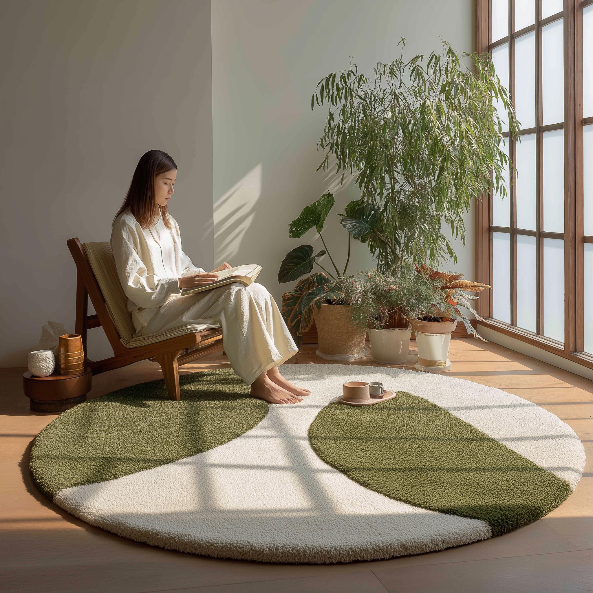 Handmade Wool Tufted Round Rug: Moss Green Abstract Design, 6x6 feet