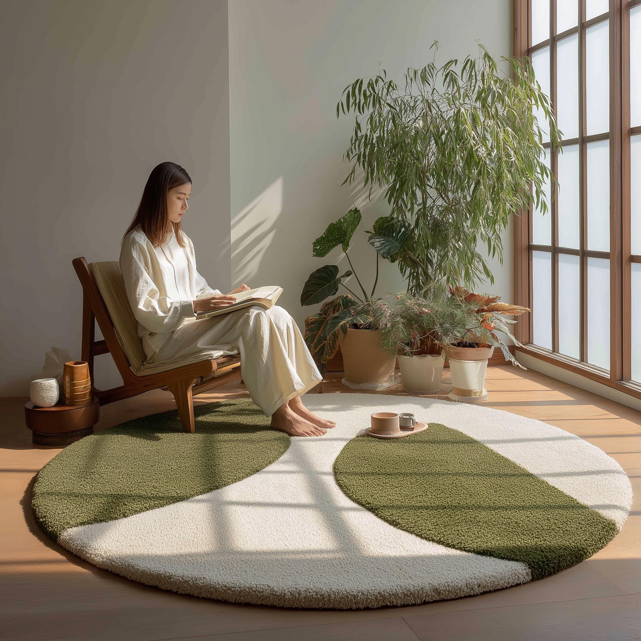 Handmade Wool Tufted Round Rug: Moss Green Abstract Design, 6x6 feet