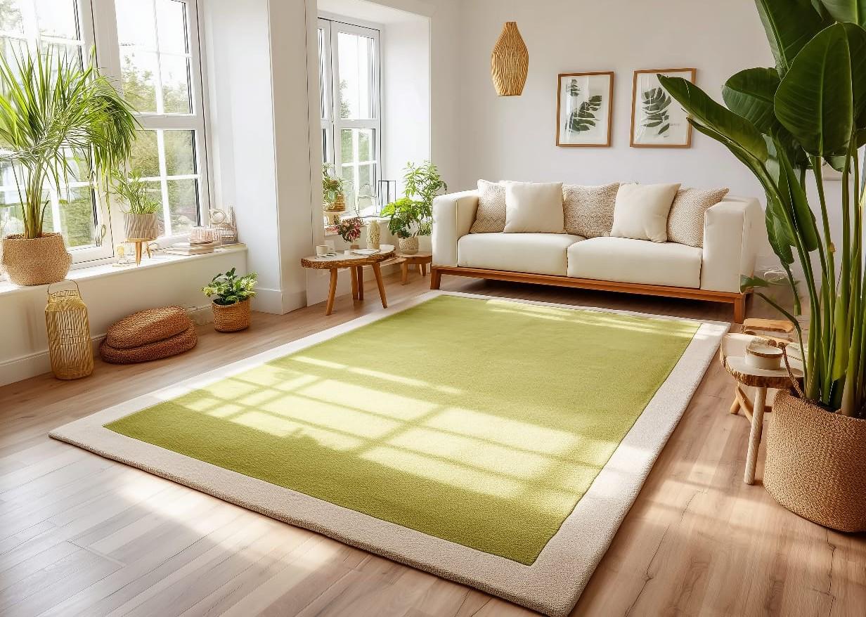 Moss Green Bordered Area Rug: Soft Plush Pile, Modern Minimalist Design