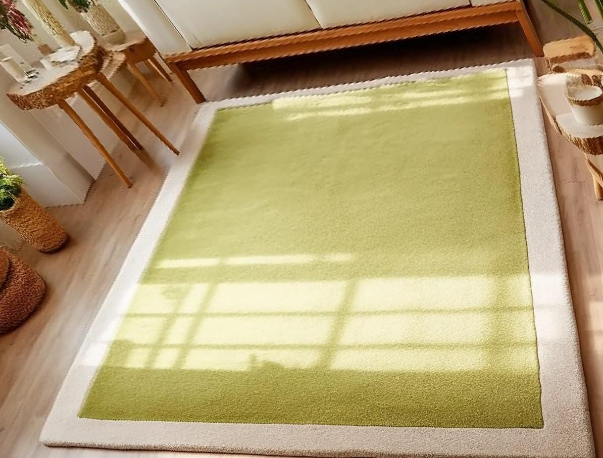 Moss Green Bordered Area Rug: Soft Plush Pile, Modern Minimalist Design