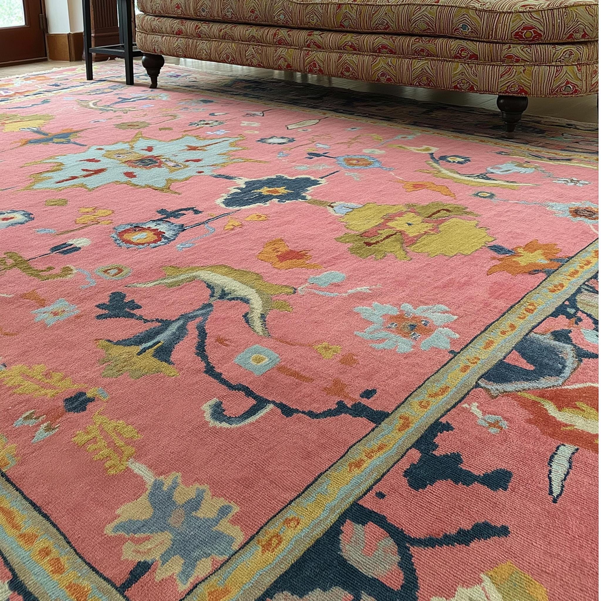 Handmade Oushak Wool Rug: Pink & Sky Blue Turkish Knot, 8x10