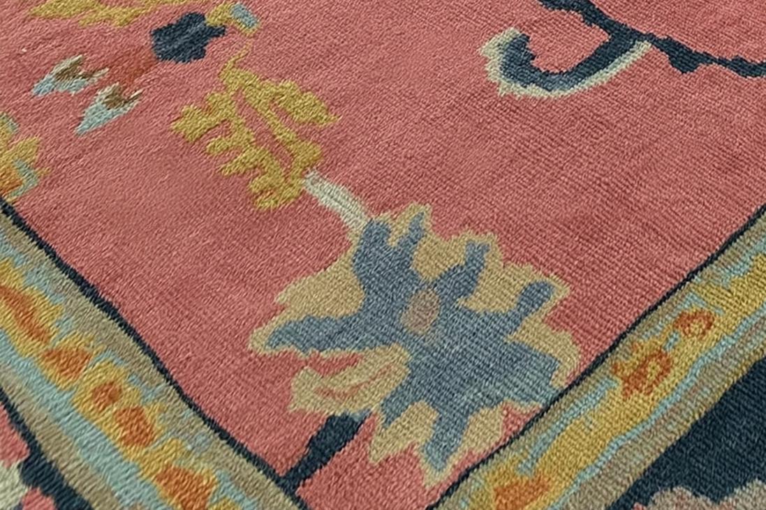 Handmade Oushak Wool Rug: Pink & Sky Blue Turkish Knot, 8x10