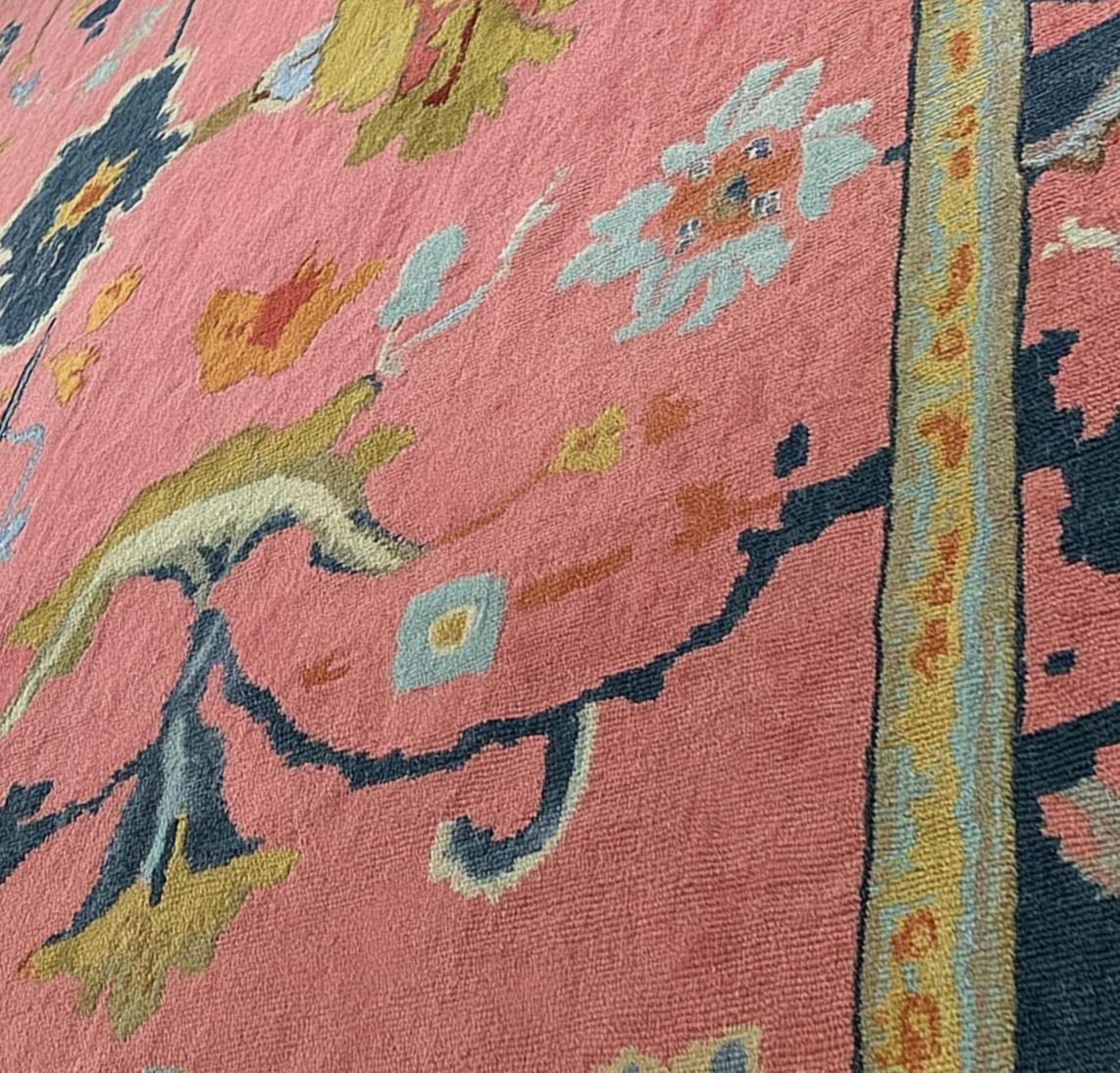 Handmade Oushak Wool Rug: Pink & Sky Blue Turkish Knot, 8x10