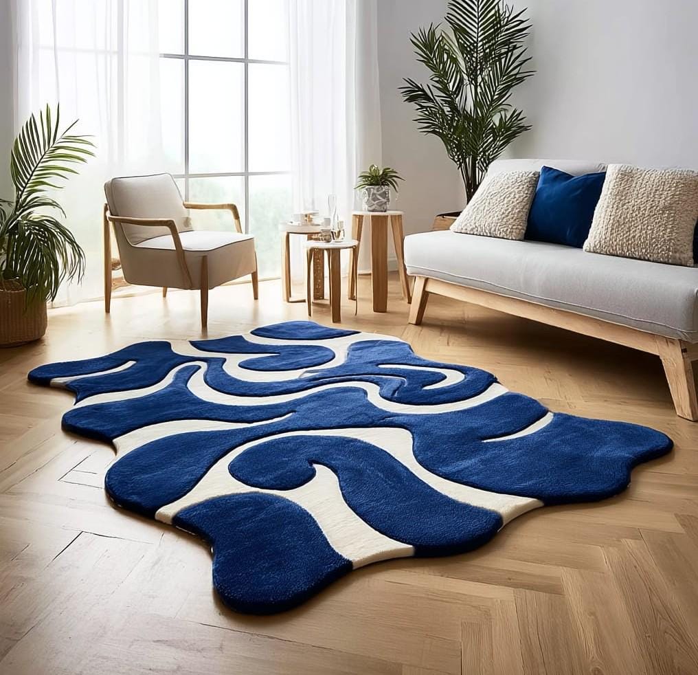 Abstract Blue Tufted Wool Rug: Modern Wave Design, Handmade 6x9