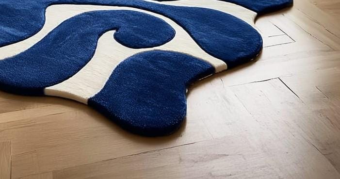Abstract Blue Tufted Wool Rug: Modern Wave Design, Handmade 6x9