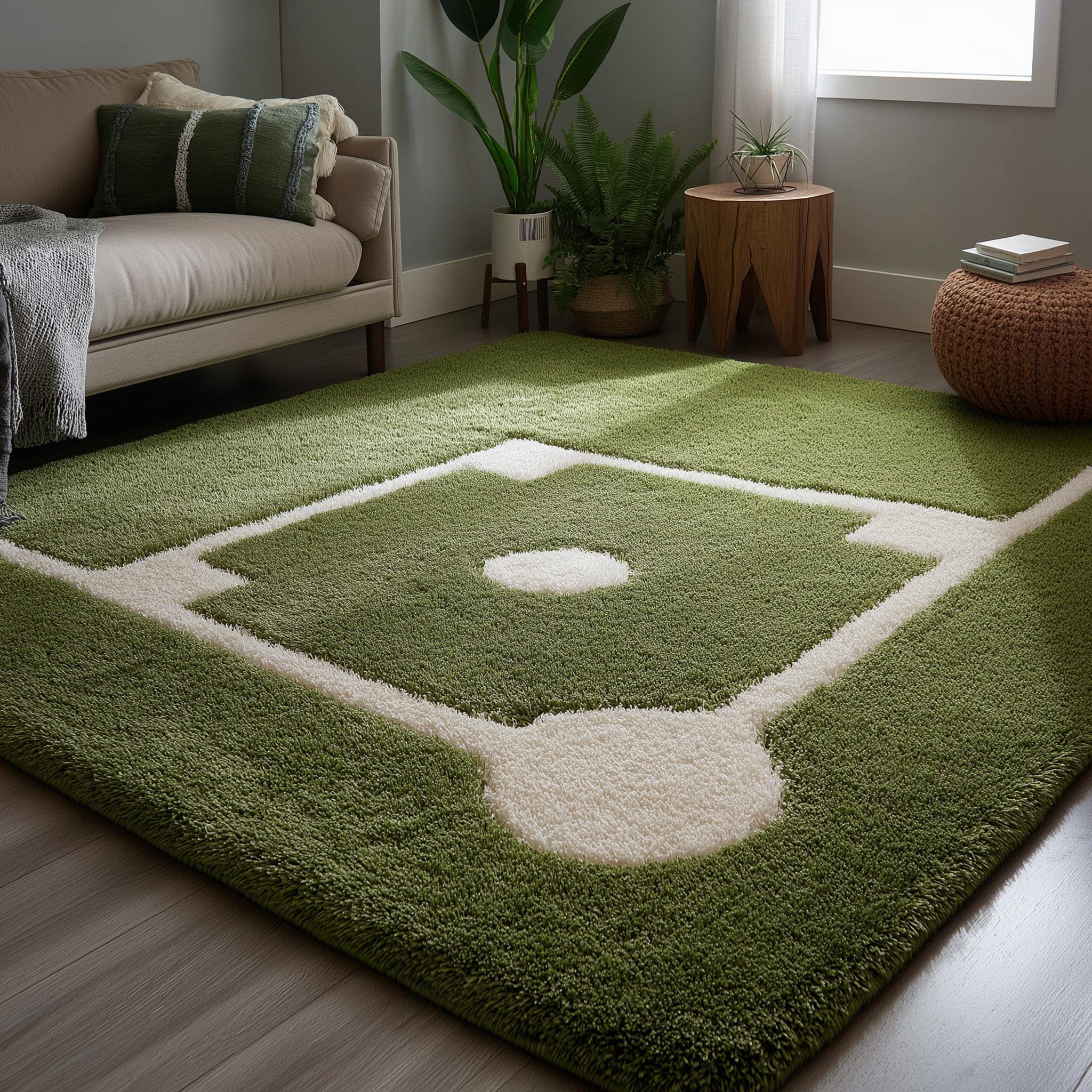 Baseball Field Wool Rug: Handmade Sports Kids Playroom Carpet
