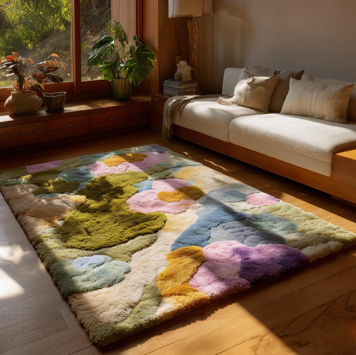 Colorful Tufted Wool Rug: Modern Abstract Texture, Handmade Carpet