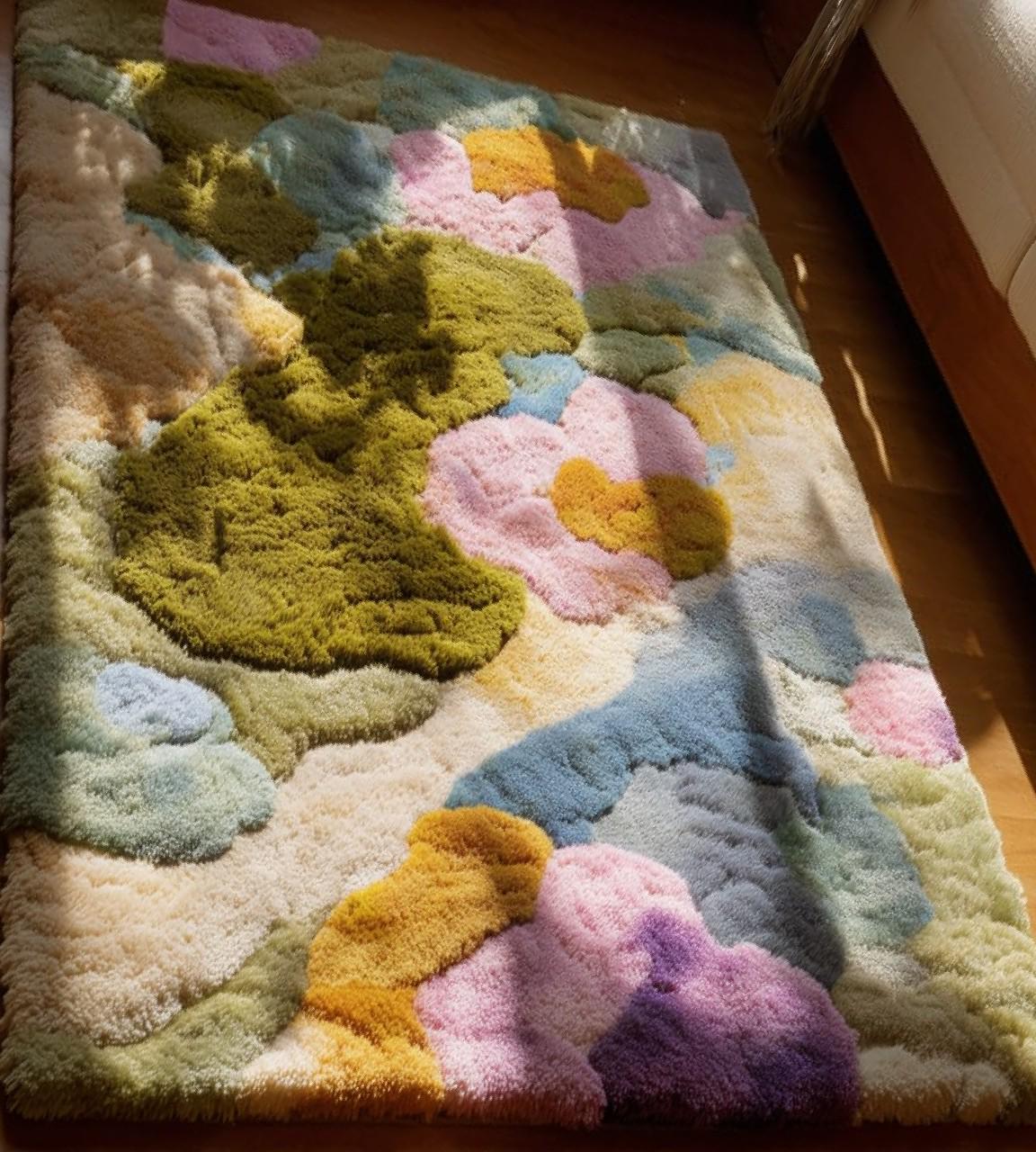 Colorful Tufted Wool Rug: Modern Abstract Texture, Handmade Carpet