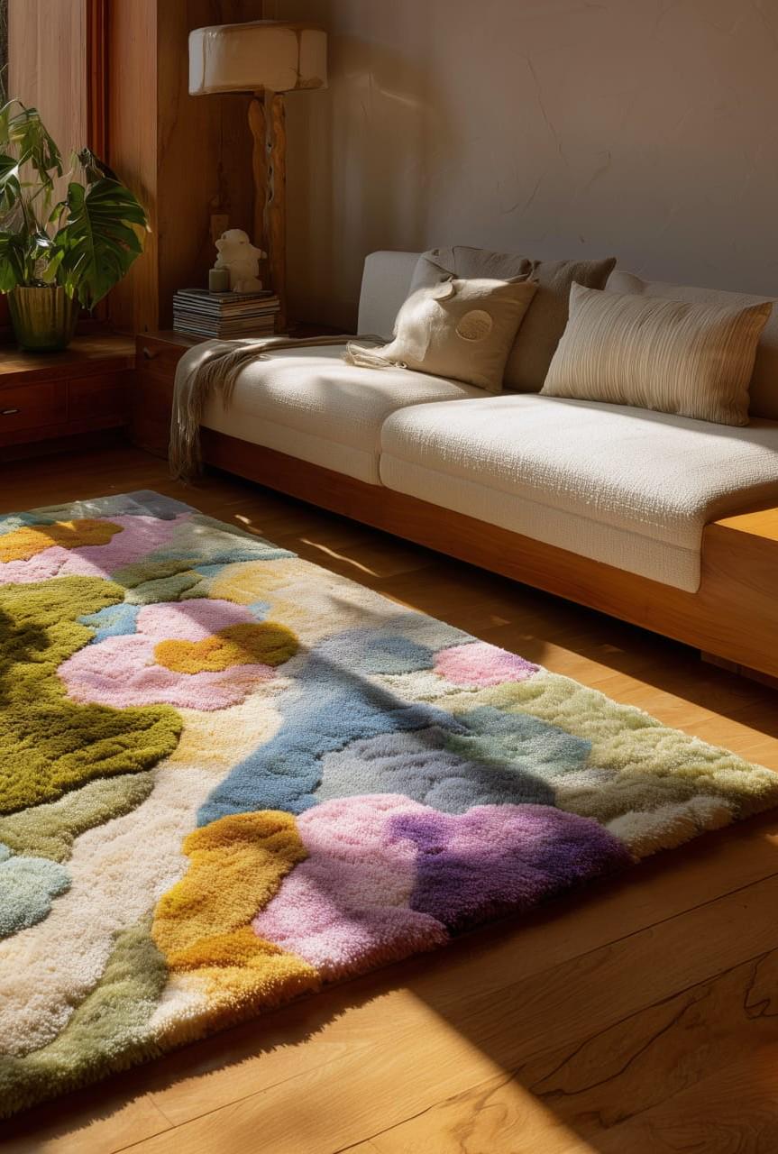 Colorful Tufted Wool Rug: Modern Abstract Texture, Handmade Carpet