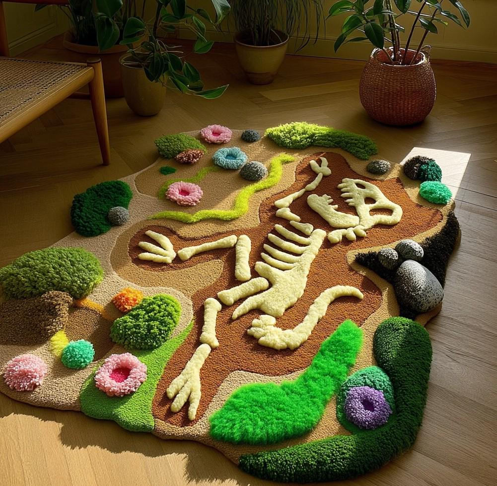 Skeletal Figure Tufted Rug: Handmade Wool, 5x8 Ft, Vibrant Landscape