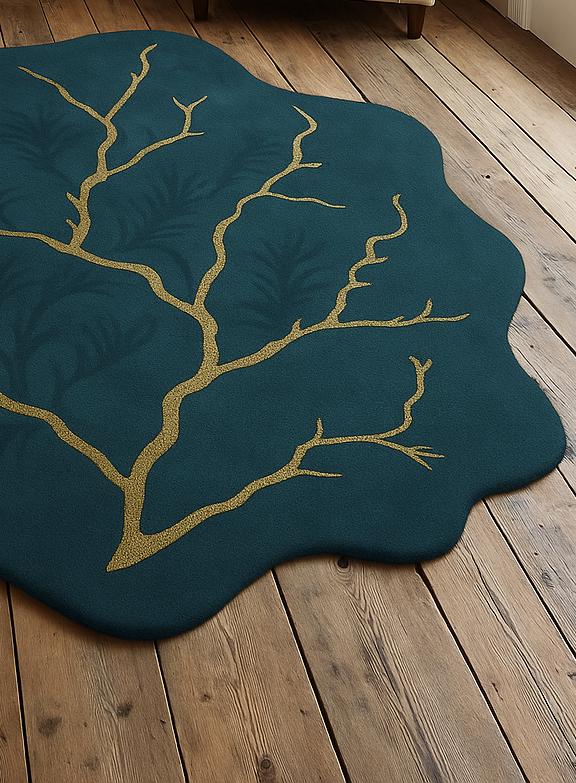 Handmade Wool Tufted Rug: Golden Branch Wavy Edge Design