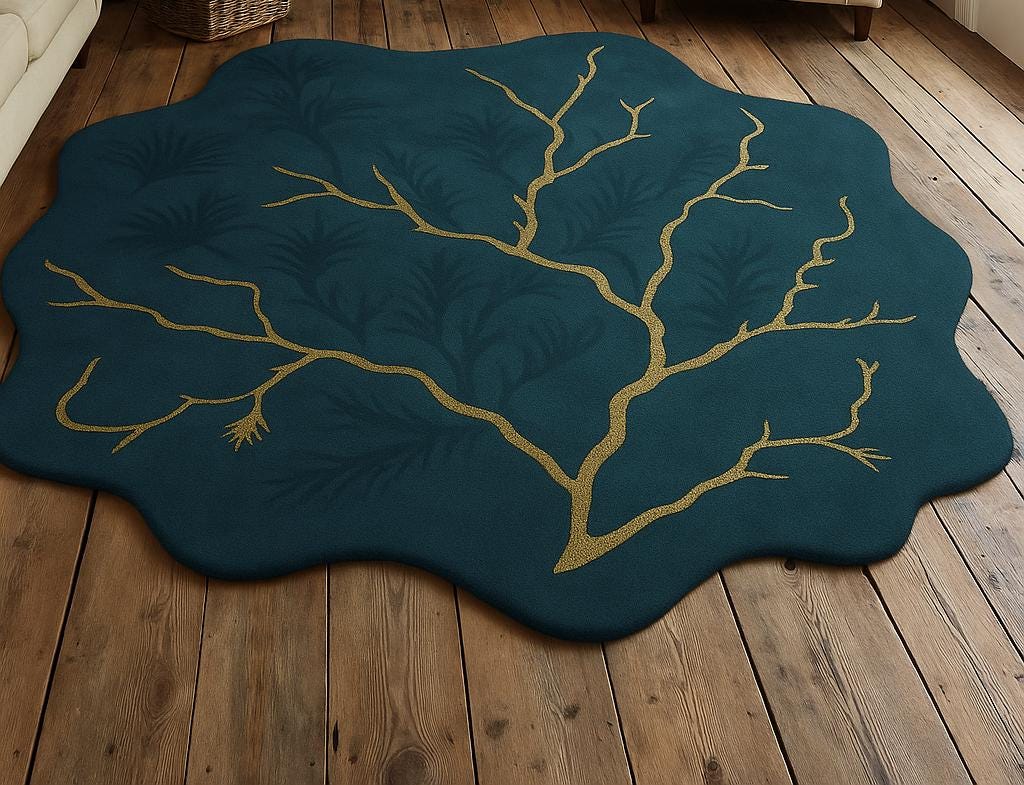 Handmade Wool Tufted Rug: Golden Branch Wavy Edge Design