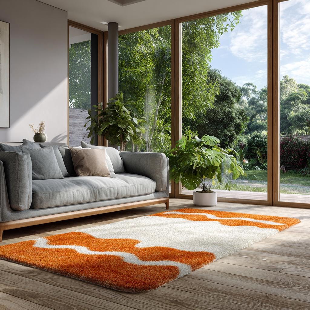 Handmade Tufted Wool Area Rug: White & Orange Modern Decor