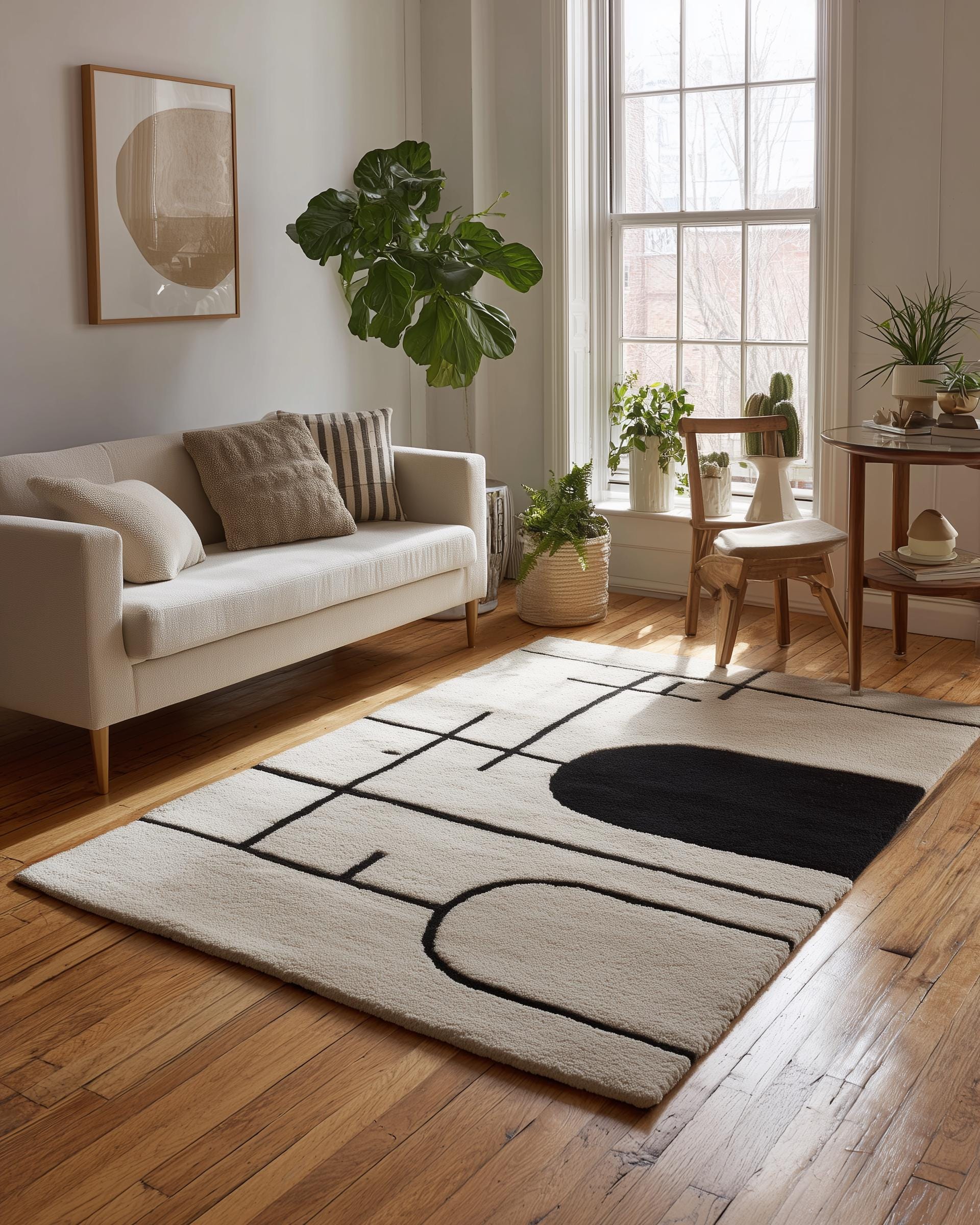 Handmade Geometric Tufted Wool Rug: Black and White Abstract Design (6x9 ft