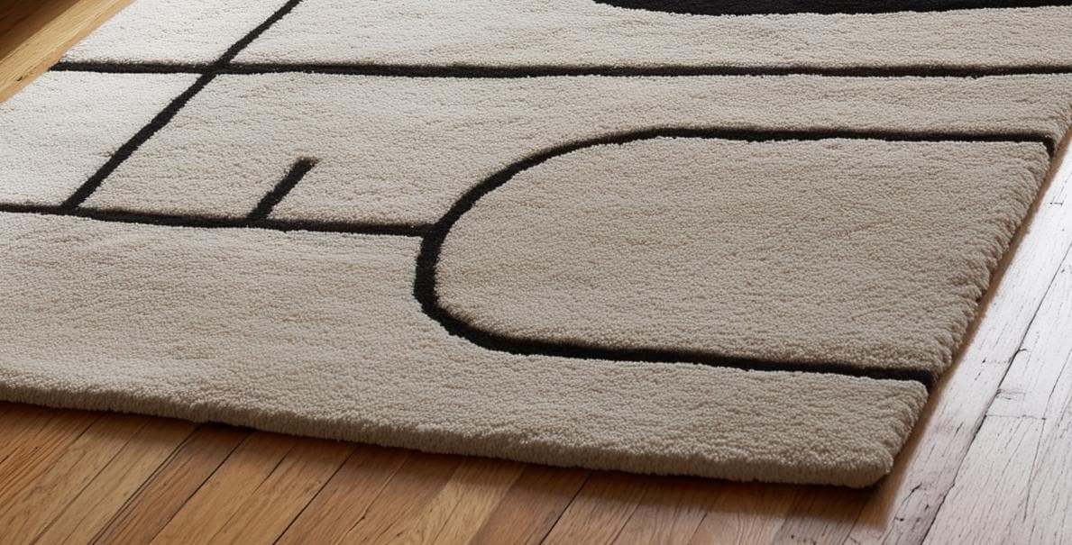Handmade Geometric Tufted Wool Rug: Black and White Abstract Design (6x9 ft