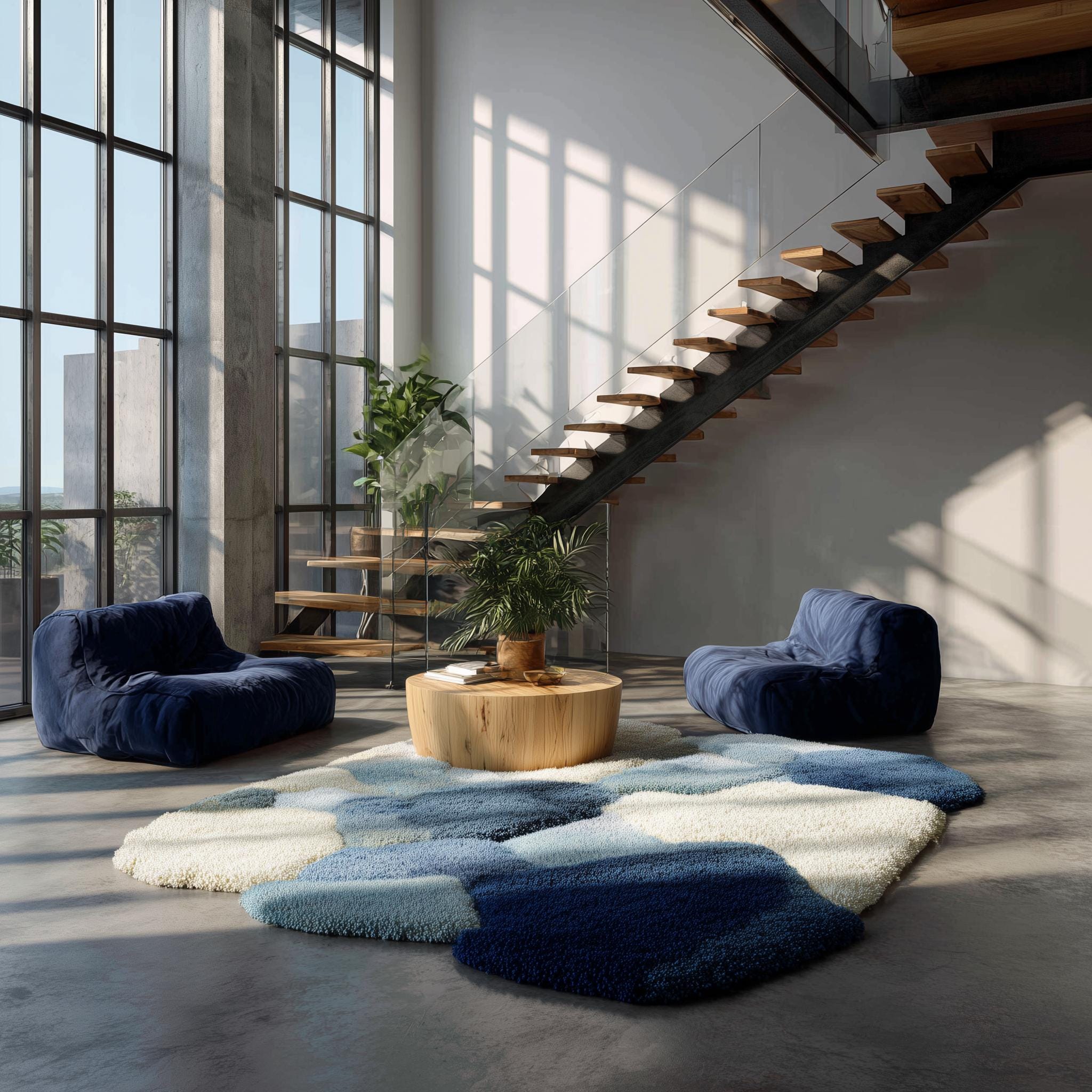 Handmade Blue Abstract Shag Rug: Plush Wool-Blend, Modern Design