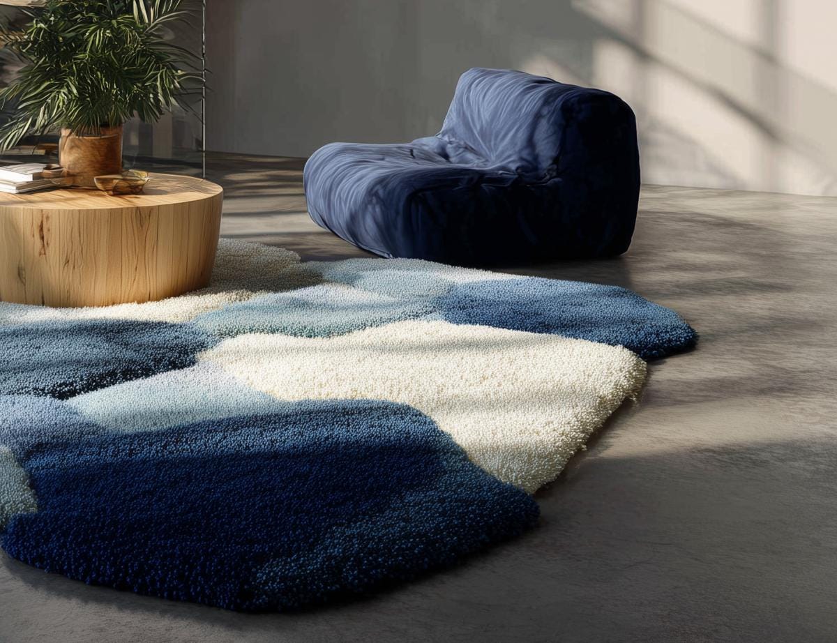 Handmade Blue Abstract Shag Rug: Plush Wool-Blend, Modern Design