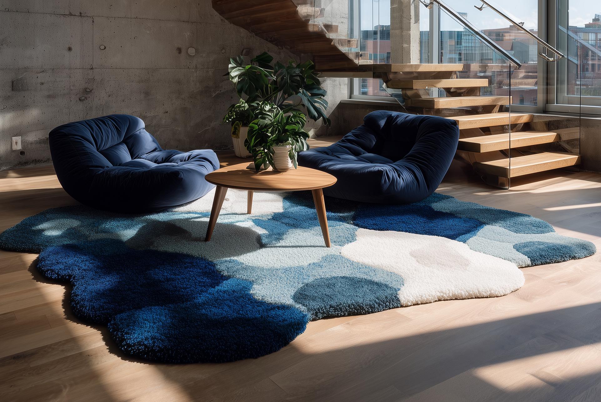 Handmade Wool Tufted Area Rug: Modern White & Blue Textured Carpet (6x9
