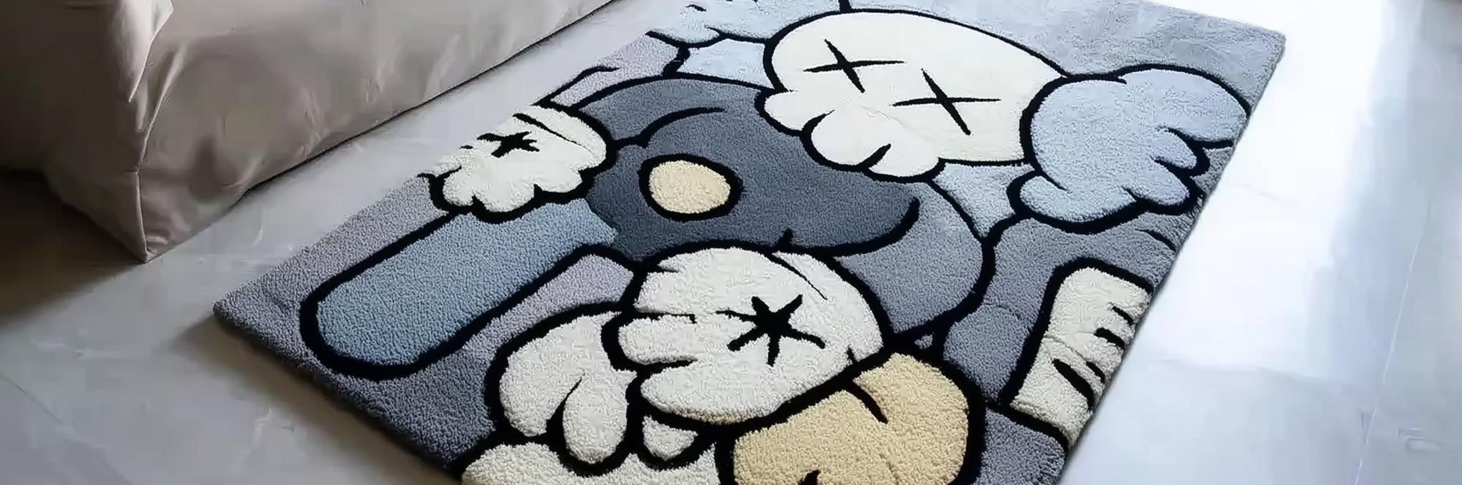 Abstract Tufted Wool Rug: Gray & Sky Blue, Handmade Area Carpet