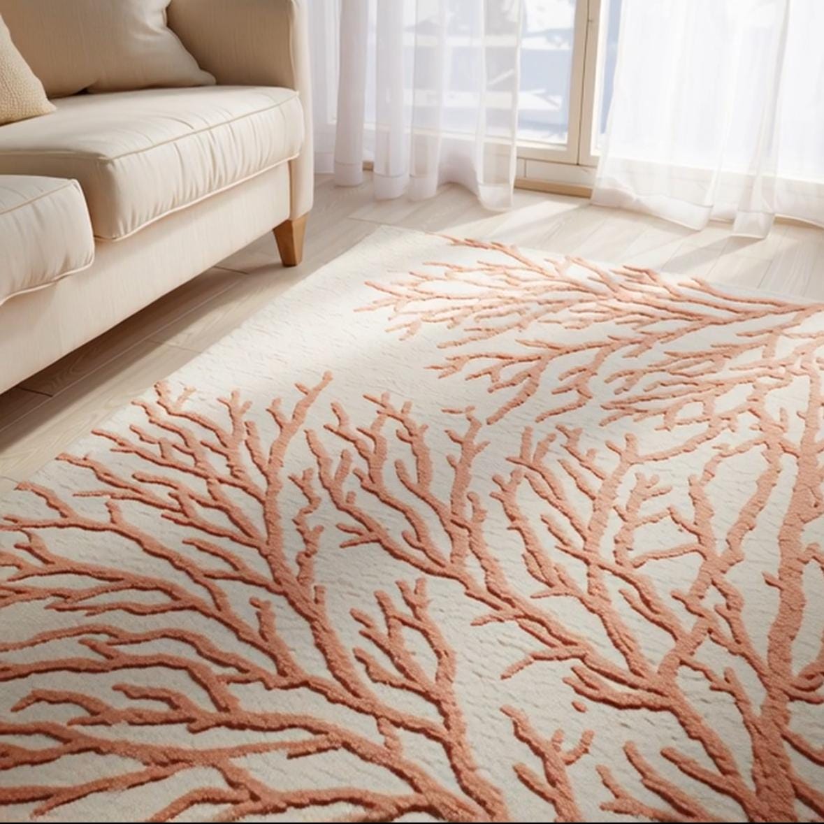 Handmade Coral Reef Tufted Rug: Coastal Beige & Terracotta Wool Carpet