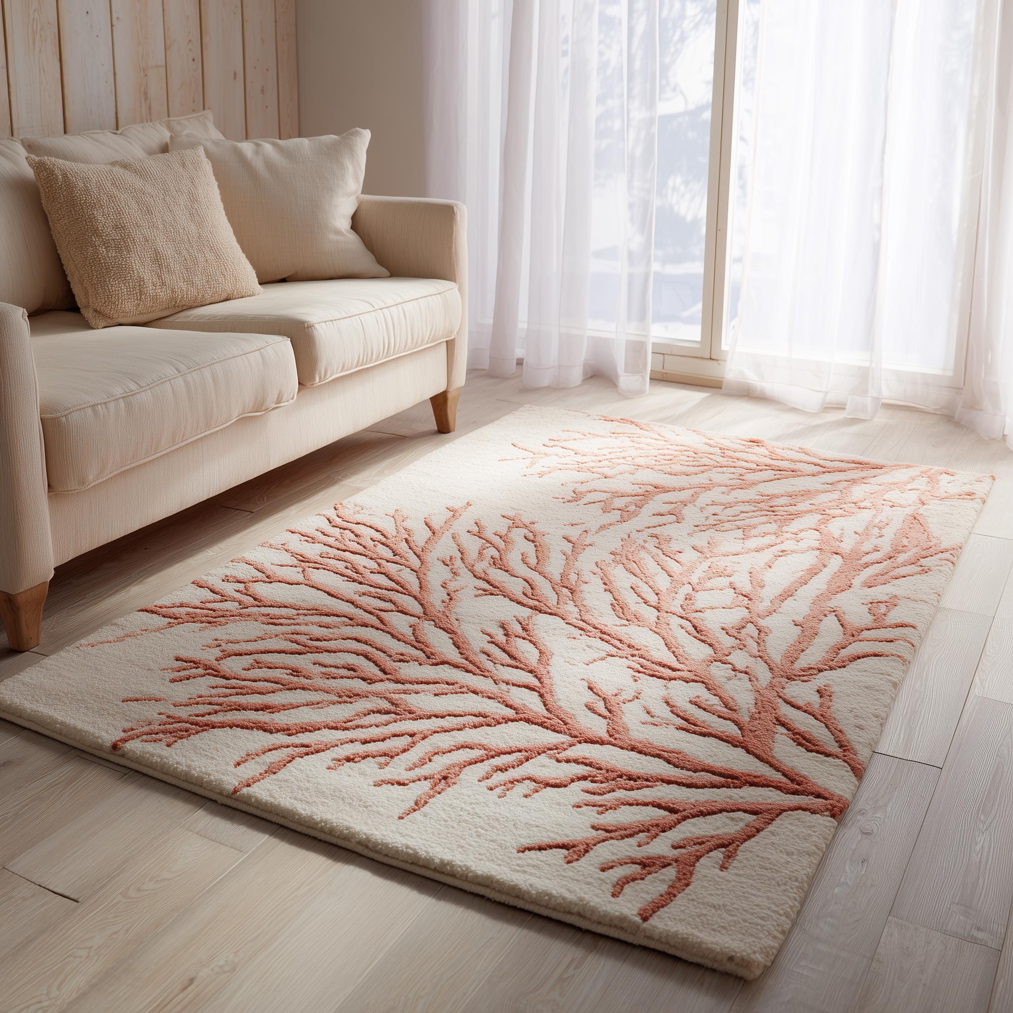 Handmade Coral Reef Tufted Rug: Coastal Beige & Terracotta Wool Carpet