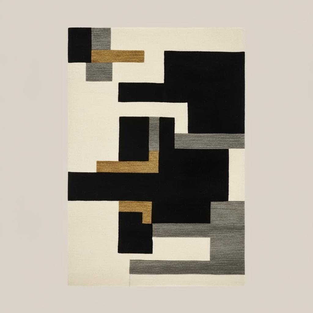 Geometric Tufted Wool Rug: Modern Abstract Black, Grey, Mustard Yellow
