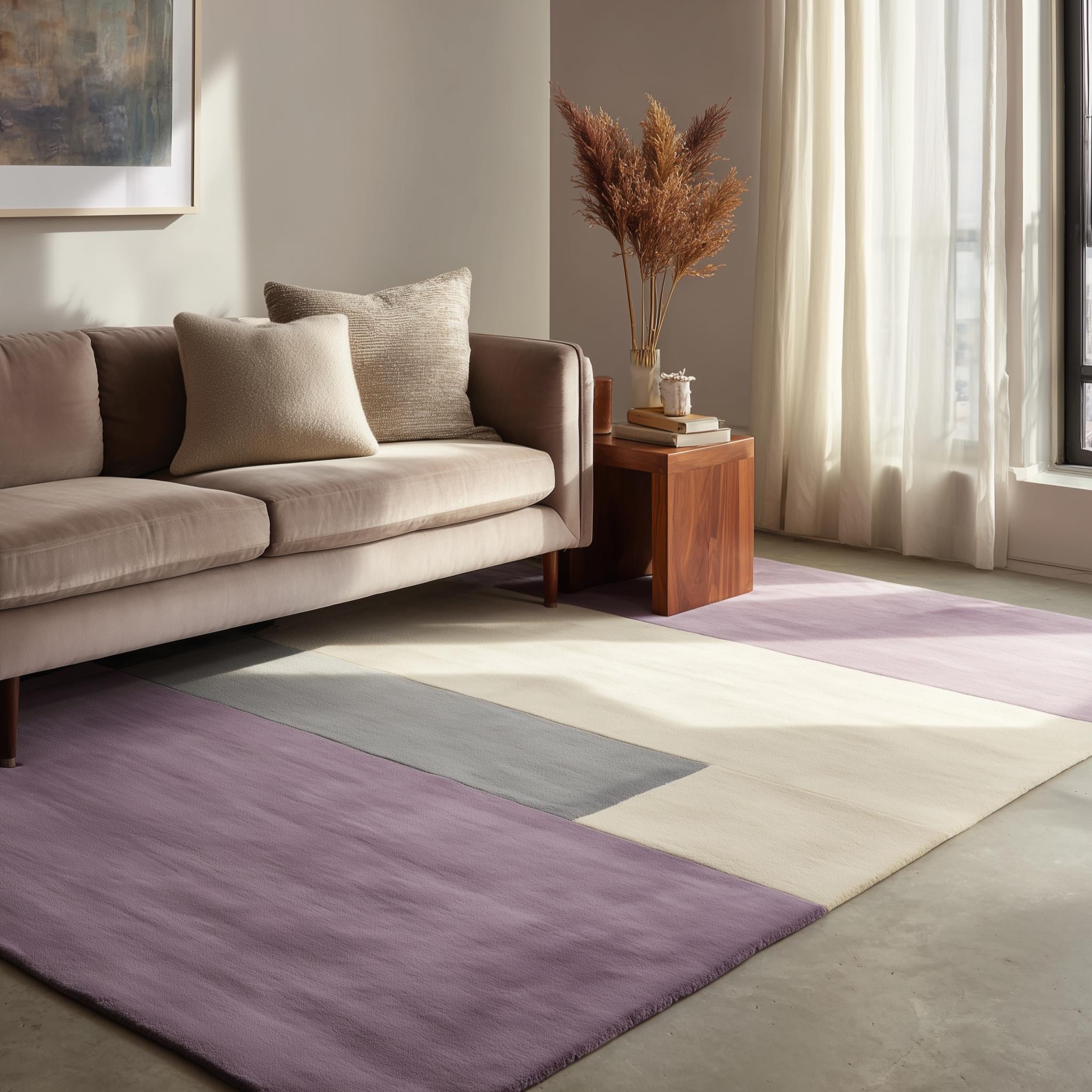 Hand-Tufted Wool Area Rug: Geometric Purple Gray Cream, Modern Minimalist