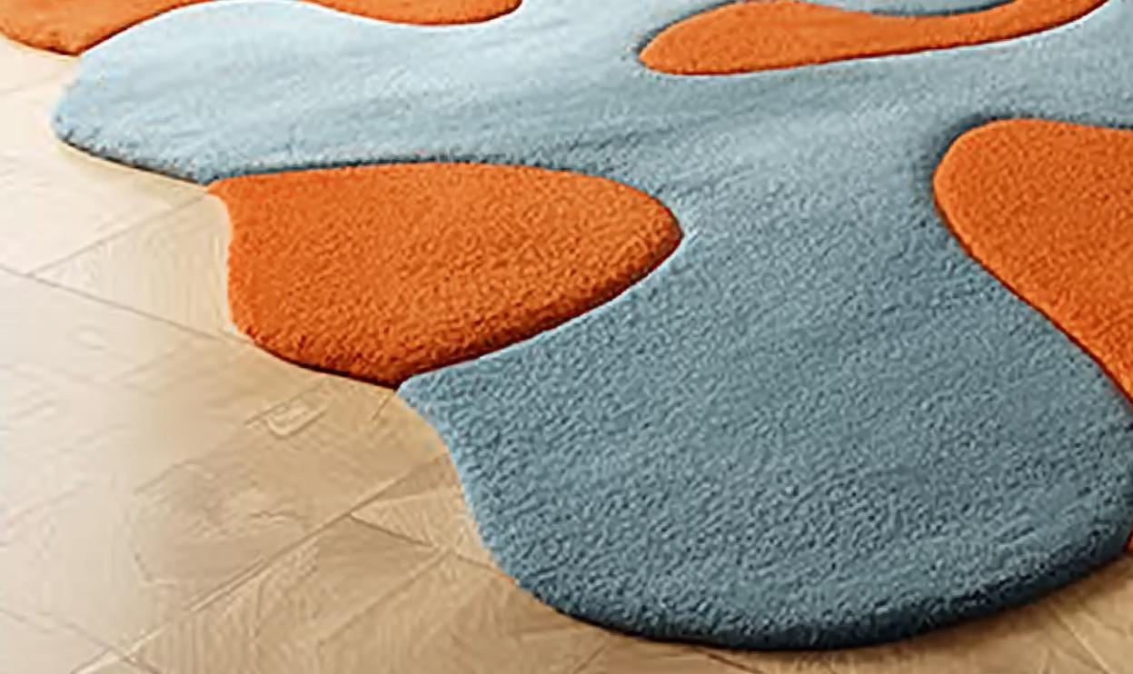Handmade Wool Tufted Rug: Burnt Orange & Soft Blue, Modern Floral Design