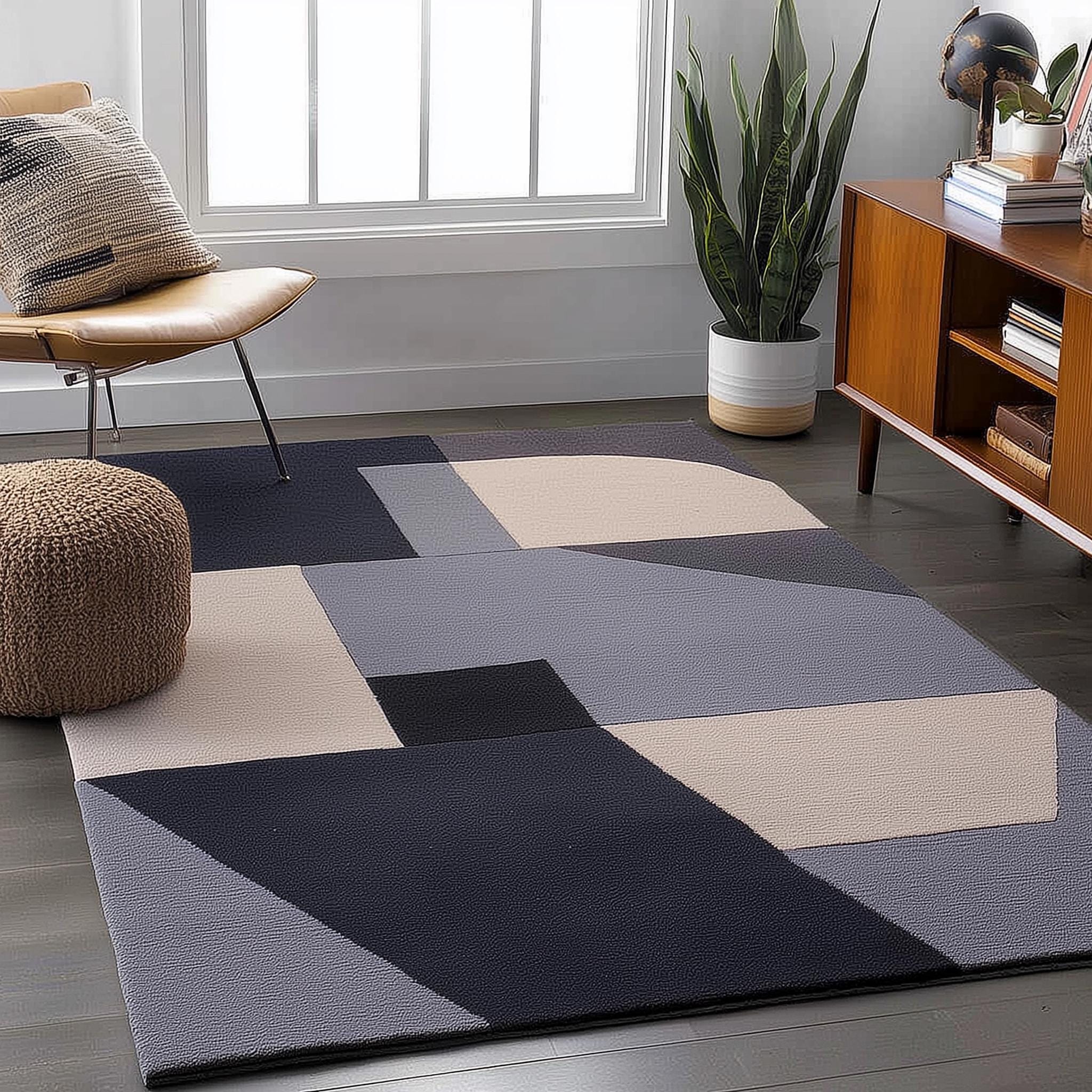 Handmade Wool Tufted Rug: Modern Geometric Design, 8x10 Living Room Rug