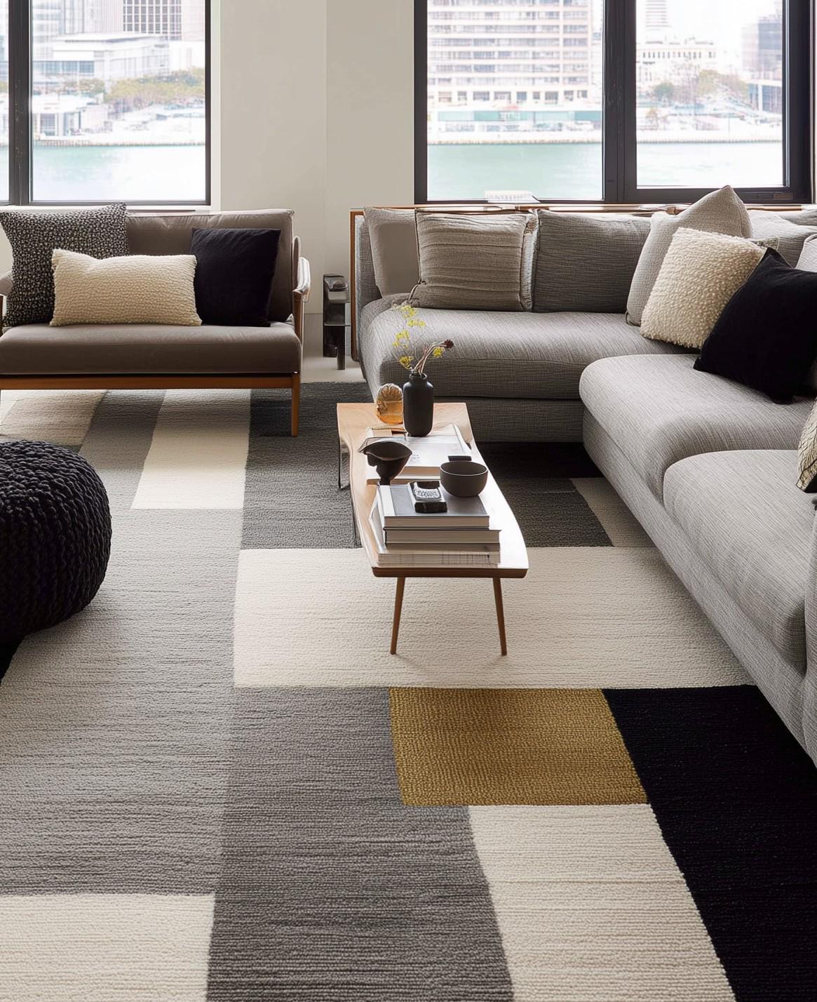 Handmade Geometric Wool Area Rug: Modern Black, Gray & Cream Carpet