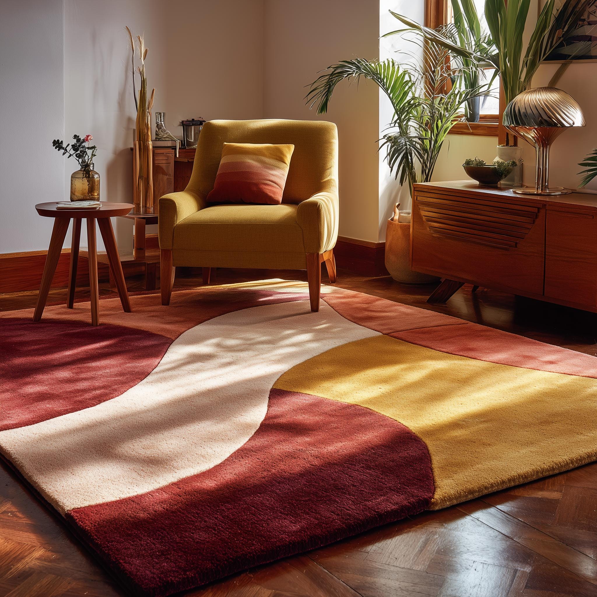 Modern Abstract Color Block Rug: Red, Yellow, Cream Geometric Carpet