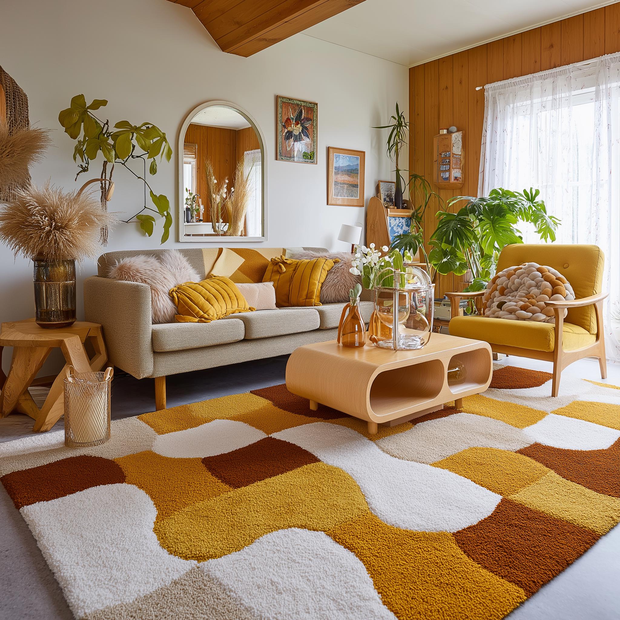Retro Geometric Area Rug: Mustard Yellow, Brown & White Abstract Carpet