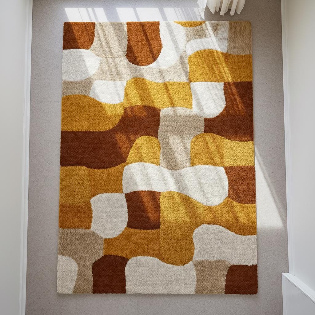 Retro Geometric Area Rug: Mustard Yellow, Brown & White Abstract Carpet