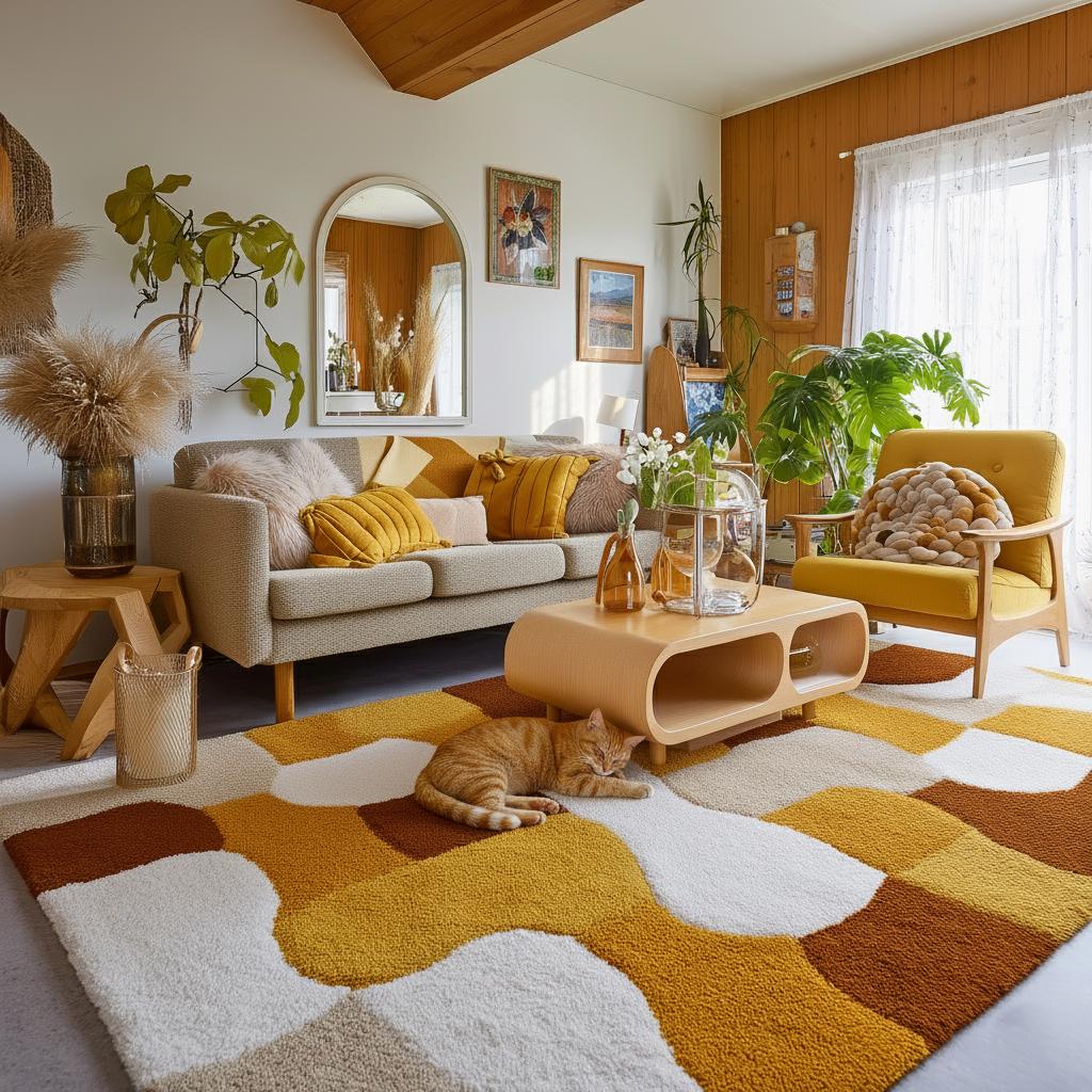 Retro Geometric Area Rug: Mustard Yellow, Brown & White Abstract Carpet