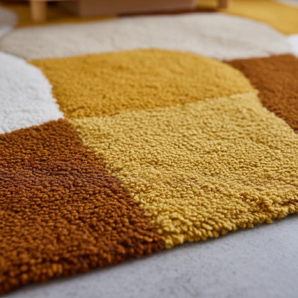 Retro Geometric Area Rug: Mustard Yellow, Brown & White Abstract Carpet