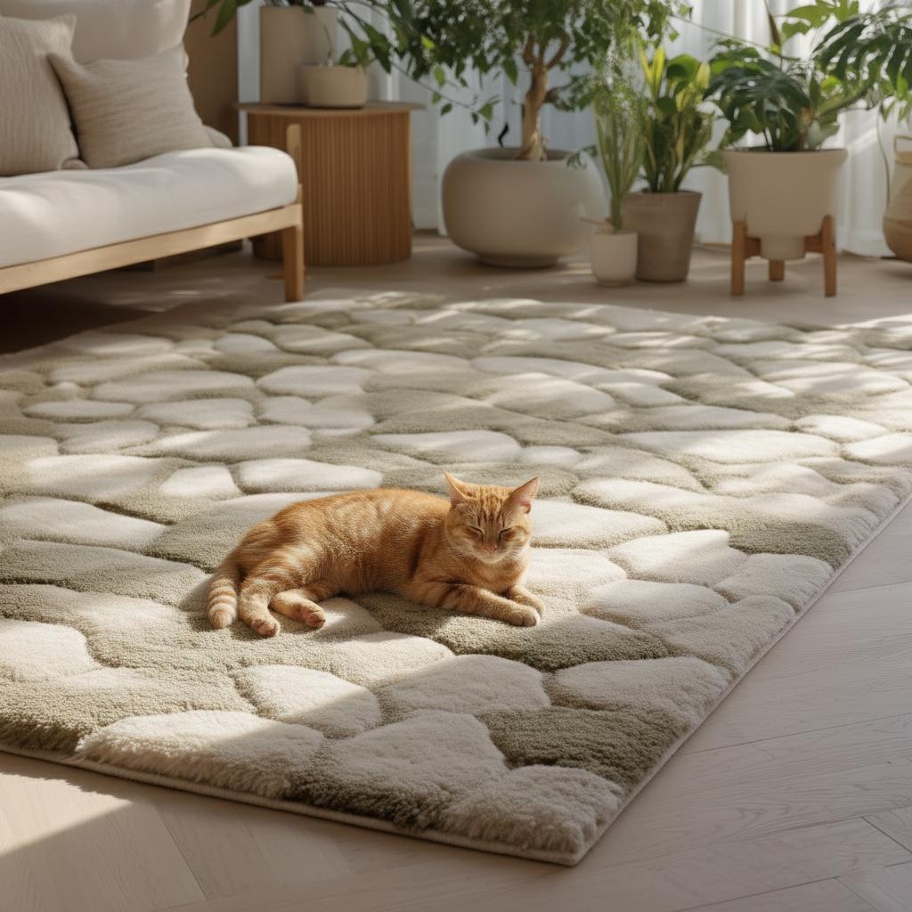 Neutral Beige Stone Pattern Rug: Plush Modern Minimalist Decor