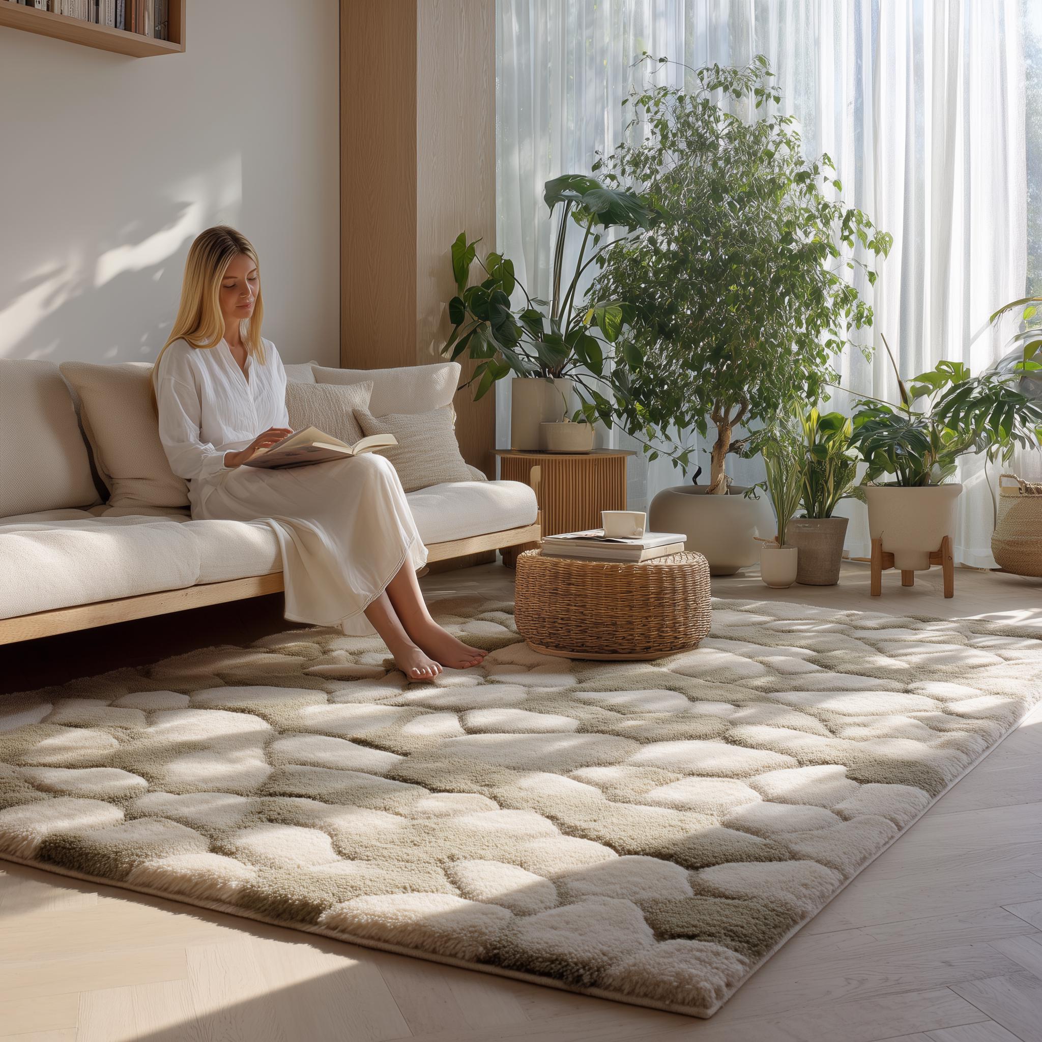 Neutral Beige Stone Pattern Rug: Plush Modern Minimalist Decor