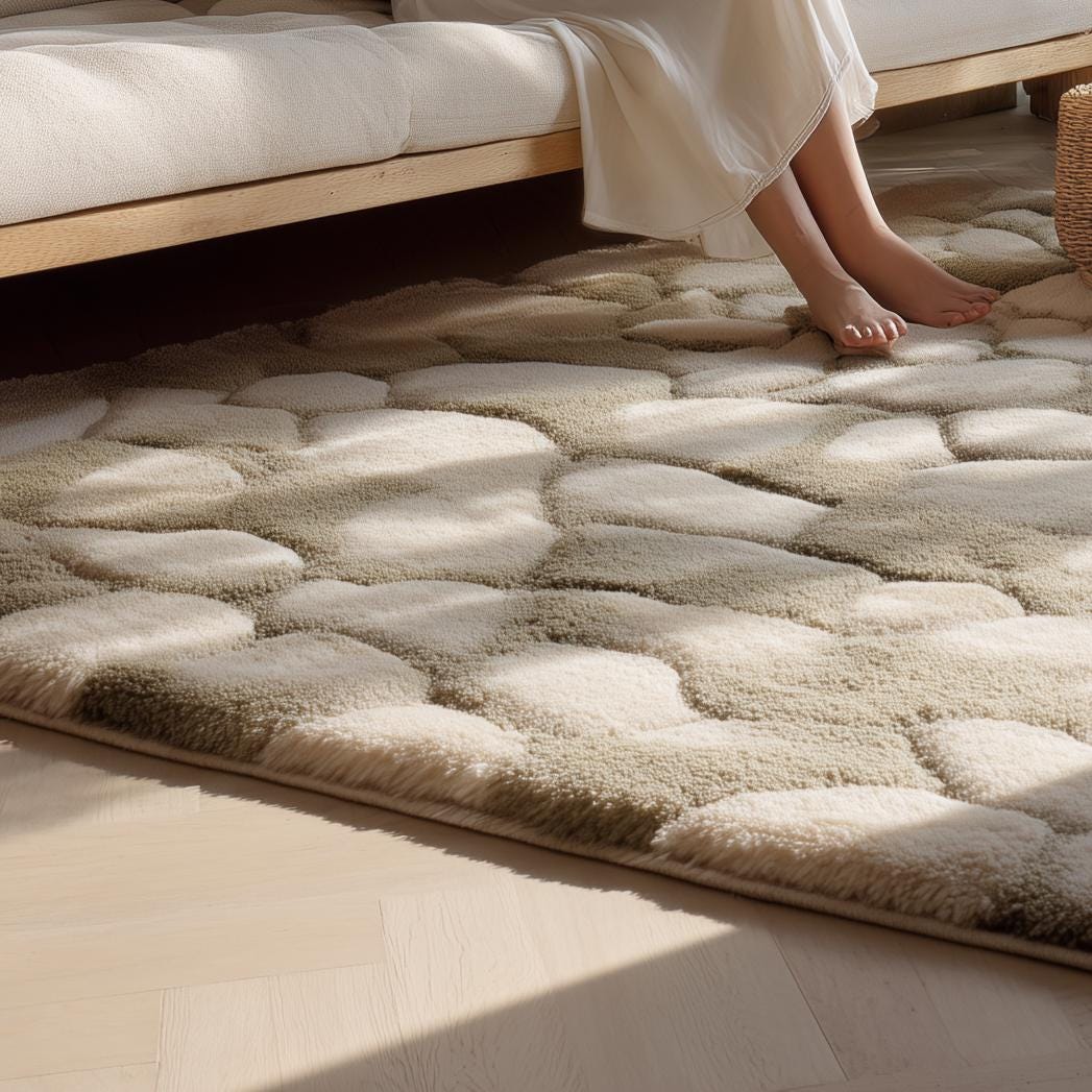 Neutral Beige Stone Pattern Rug: Plush Modern Minimalist Decor