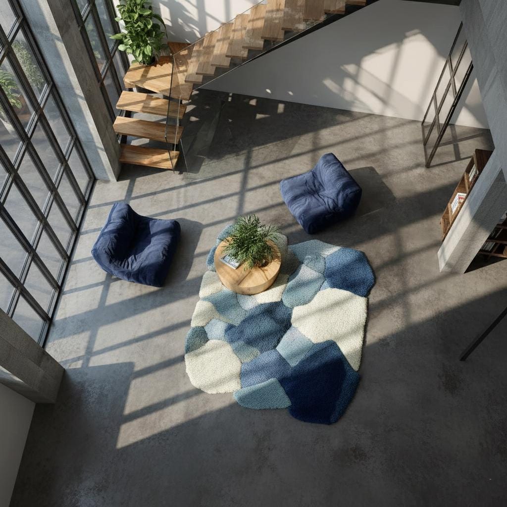 Handmade Blue Abstract Shag Rug: Plush Wool-Blend, Modern Design
