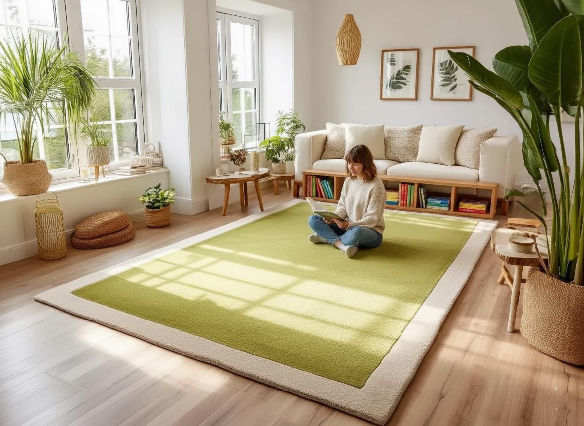 Moss Green Bordered Area Rug: Soft Plush Pile, Modern Minimalist Design